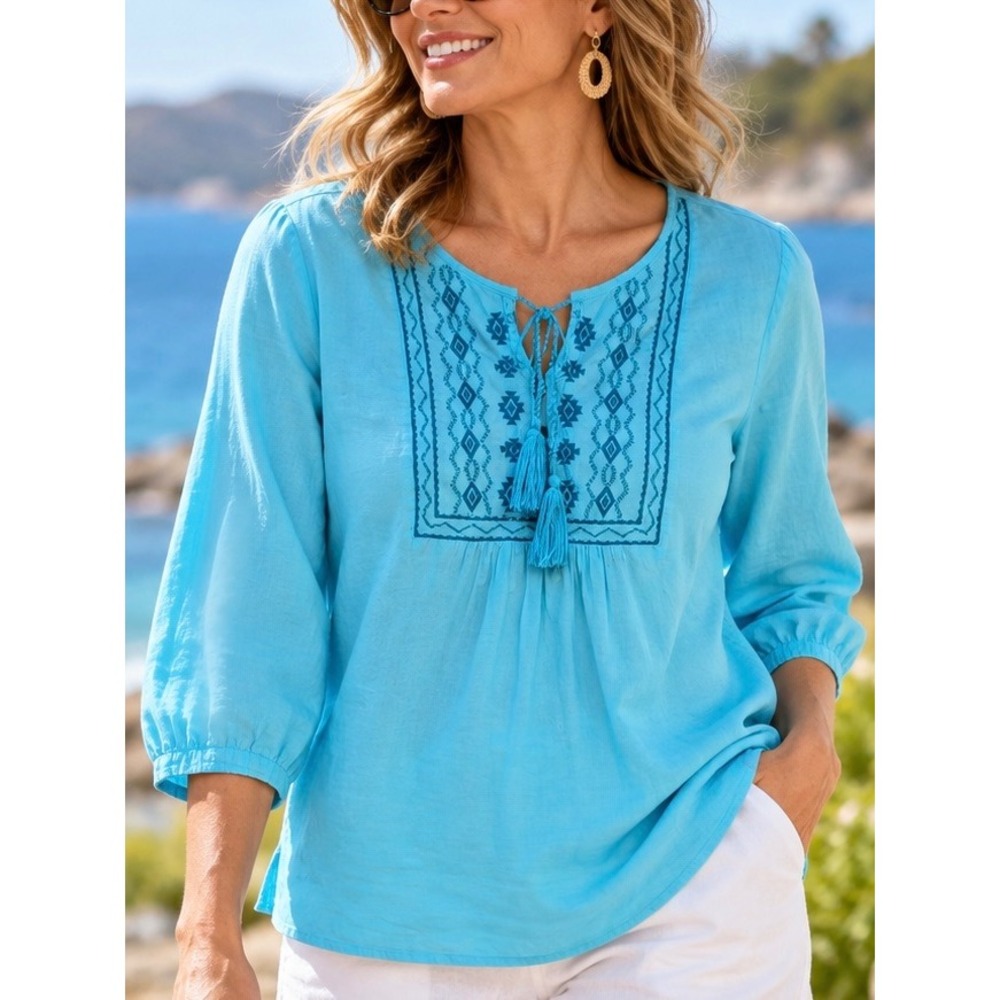 Studio Works Blue Embroidered Tassel Peasant Blouse Size M Boho Cotton Top